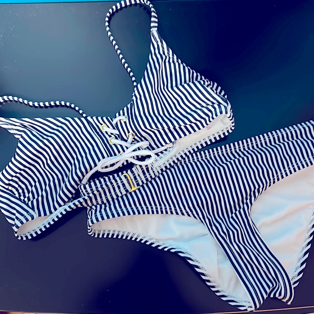 Navy and white striped bikini top and bottom set